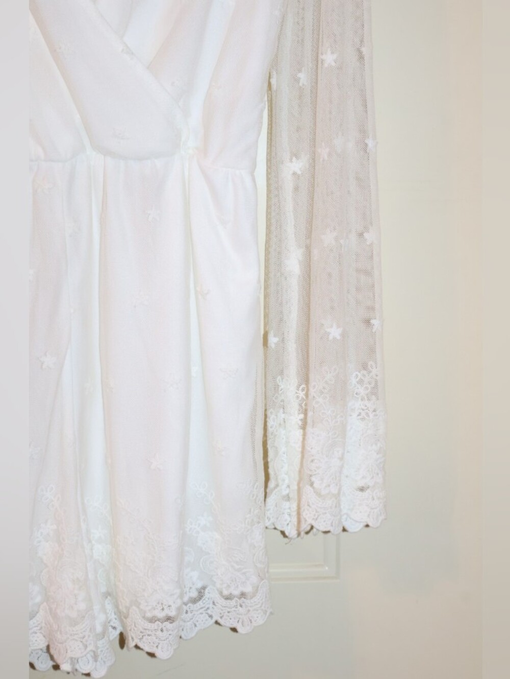 Gianni Bini White Lace Star Embroidered Long Bell-Sleeve Romper. - Picture 6 of 15